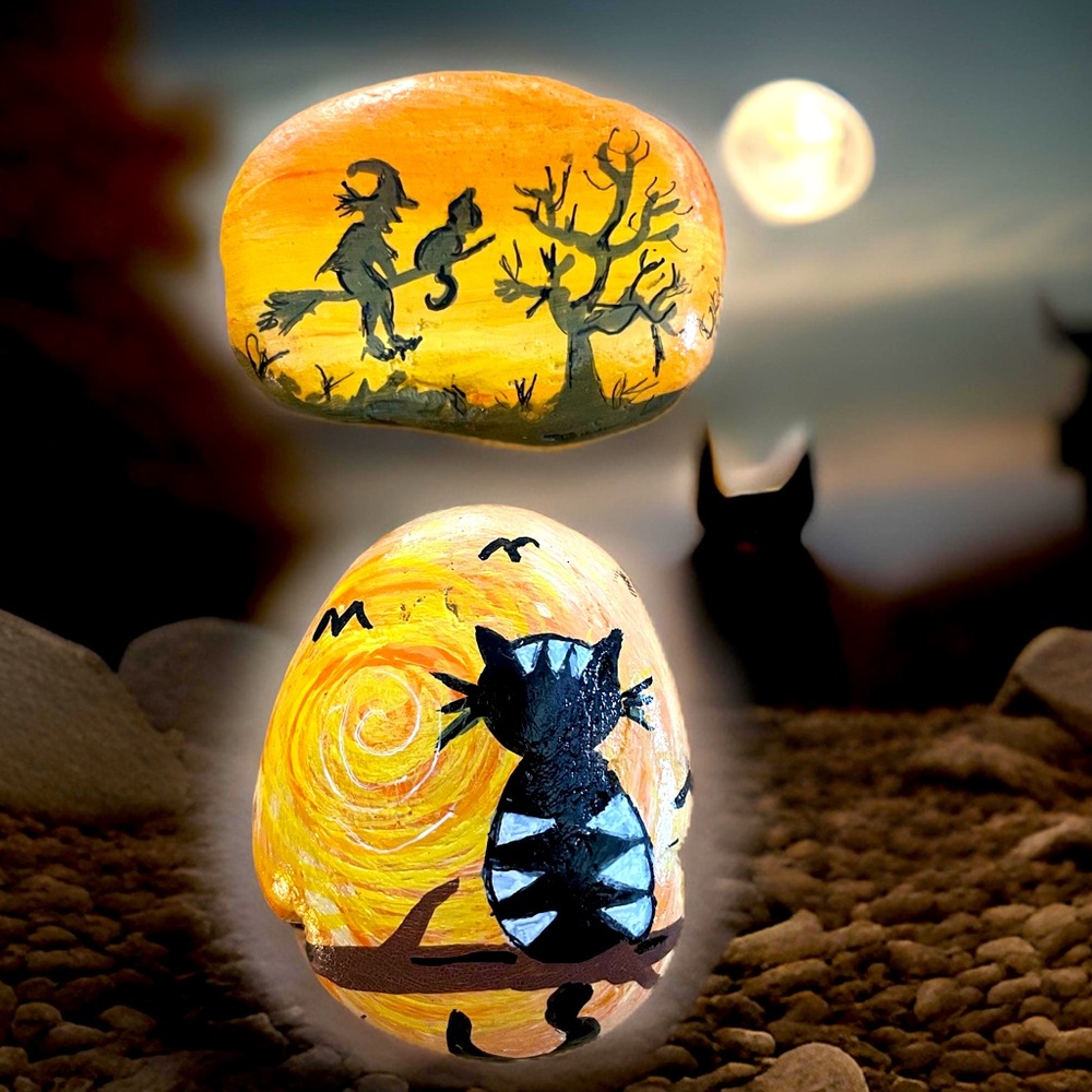 Hand crafted painted Halloween rocks black white cat witch on broom set of 2